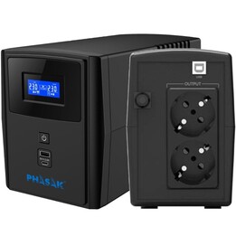 Phasak SIRIUS 800 VA Interaktive Line-USV / 800 VA – 480 W / 2 Ausgänge / Tower-Format
