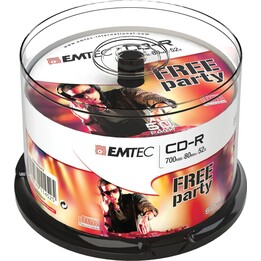 Caixa com 50 CDs-R Emtec de 700 MB/80 min, 52 unidades.