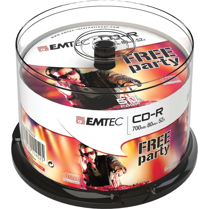 Caixa com 50 CDs-R Emtec de 700 MB/80 min, 52 unidades.