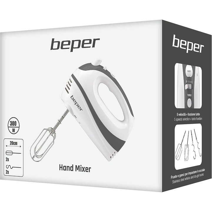 BEPER P102SBA100 Handrührgerät, zum Schlagen von Eiern, Kneten und Verrühren von Cremes und Backteig, inklusive 2 Schneebesen un