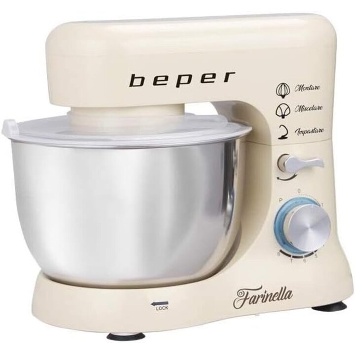 BEPER BP.200 Stand Mixer, Baking Mixer (1000 W, 8 Speeds, with 4.5 L Stainless Steel Bowl, Dough Hook, Whisk, Wires and Splash G