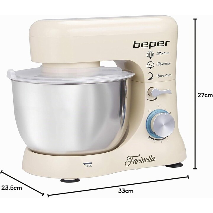 Batedeira de mesa BEPER BP.200, batedeira para pastelaria (1000 W, 8 velocidades, com taça de aço inoxidável de 4,5 L, gancho pa