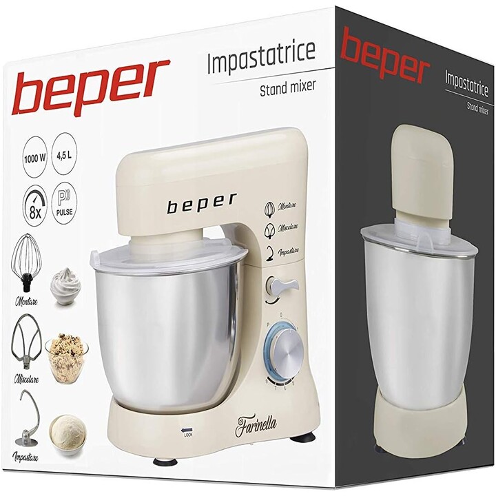 Batedeira de mesa BEPER BP.200, batedeira para pastelaria (1000 W, 8 velocidades, com taça de aço inoxidável de 4,5 L, gancho pa