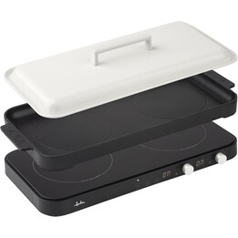 Placa de indução portátil JATA JEVI1470 com 2 bicos + grelha. 2800 W. Com tampa anti-salpicos. Até 230 ºC. Com temporizador de 9