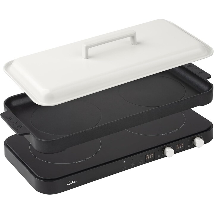 JATA JEVI1470 Portable Induction Hob with 2 Burners + Griddle. 2800 W. With Anti-Splash Lid. Up to 230ºC. With 99-minute Timer.
