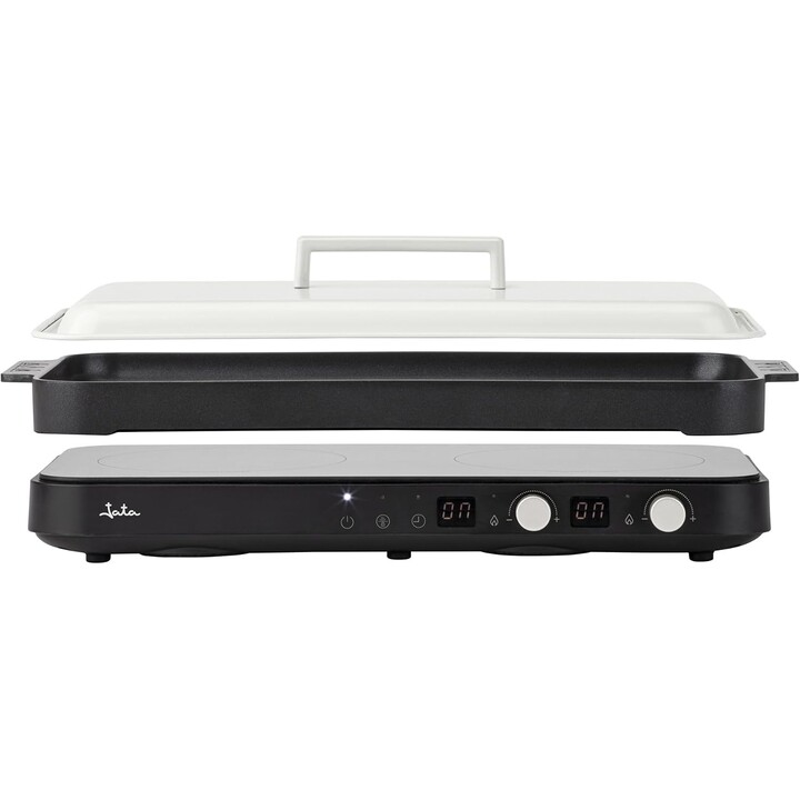 Piastra a induzione portatile JATA JEVI1470 con 2 fuochi + piastra di cottura. 2800 W. Con coperchio antispruzzo. Fino a 230 °C.