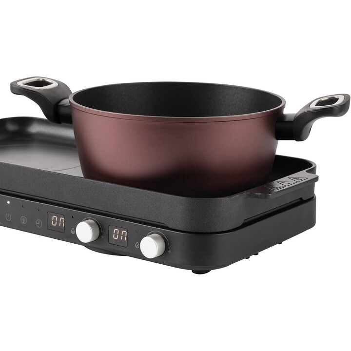 Piastra a induzione portatile JATA JEVI1470 con 2 fuochi + piastra di cottura. 2800 W. Con coperchio antispruzzo. Fino a 230 °C.