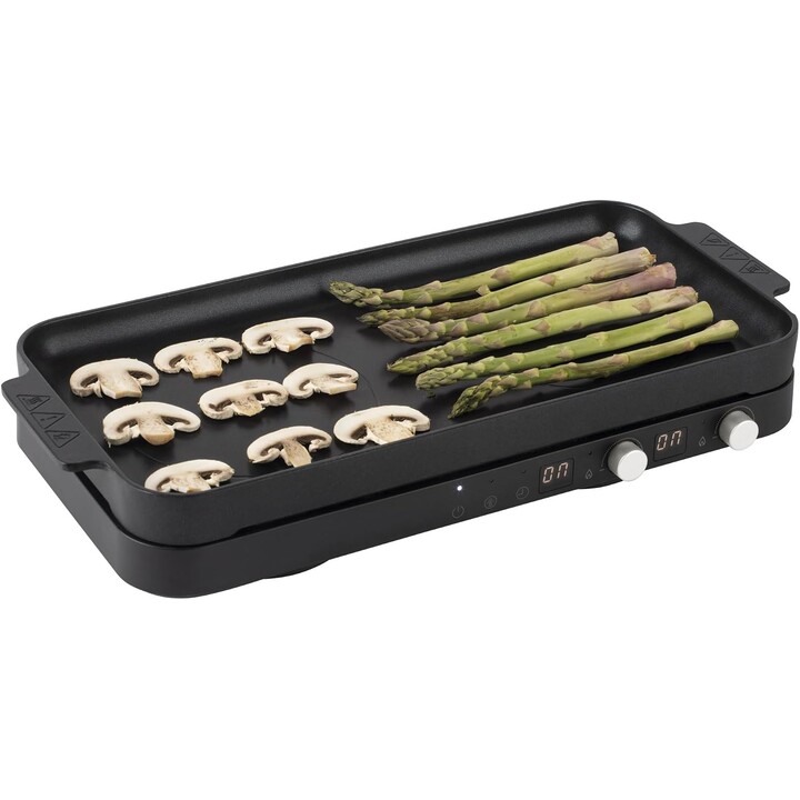 Placa de inducción portátil JATA JEVI1470 con 2 fogones + plancha. 2800 W. Con tapa antisalpicaduras. Hasta 230 ºC. Con temporiz