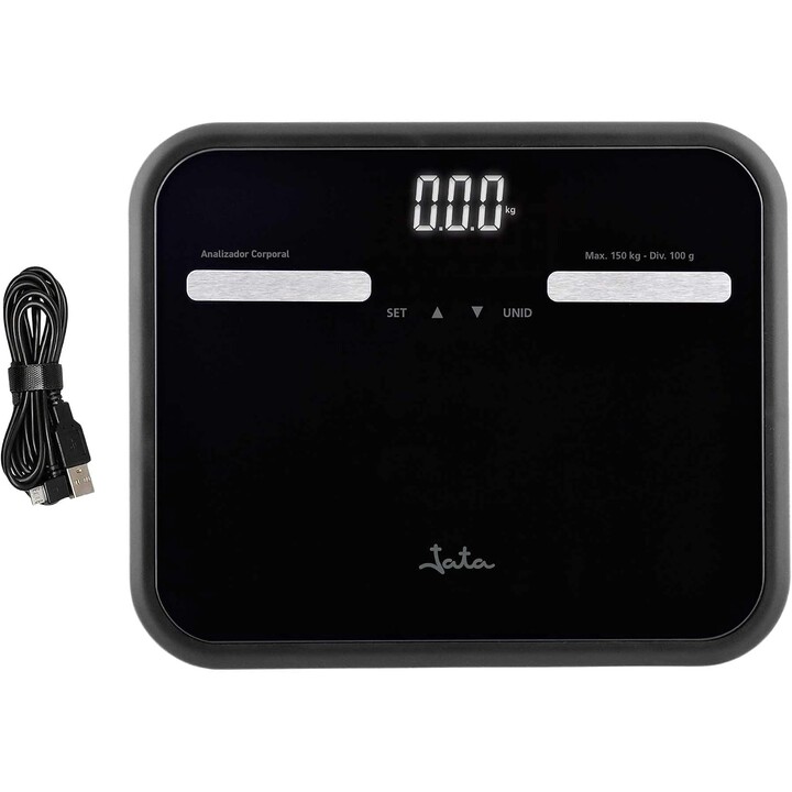 Bilancia da bagno digitale Jata 538 con misurazione del grasso corporeo, display LCD, alta precisione, ricarica USB, portata mas