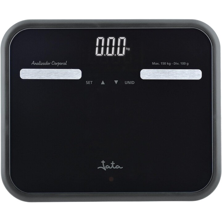 Báscula de baño digital Jata 538 con medición de grasa corporal, pantalla LCD, alta precisión, carga por USB, capacidad de 180 k