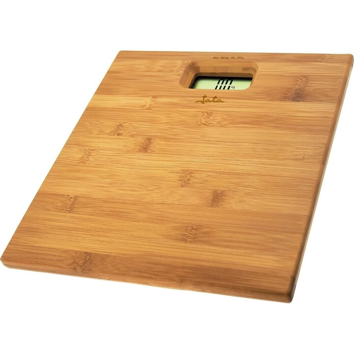Jata Hogar 489 Bamboo Digital Bathroom Scale with Large LCD Display. High Precision. 4 Sensors. Overweight Indicator. Automatic 