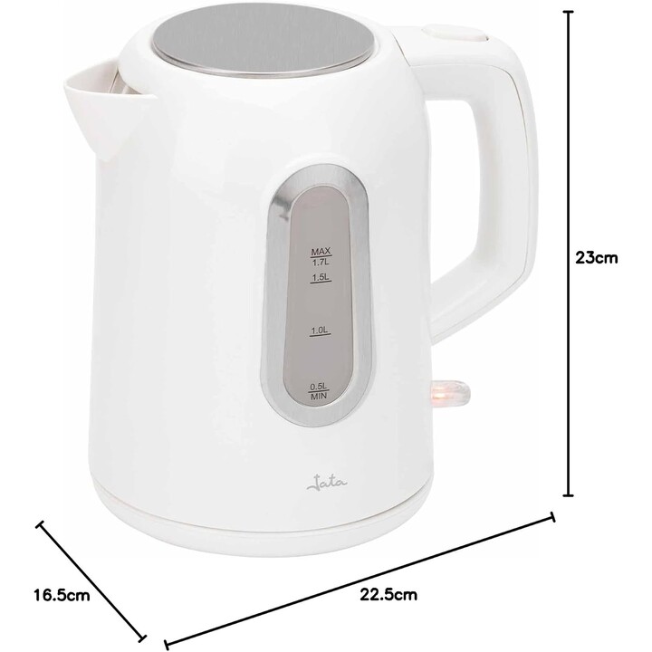 Chaleira elétrica JATA JEHA1809. Capacidade: 1,7 L. 2200 W. Velocidade máxima. Filtro anticalcário removível. Base giratória a 3