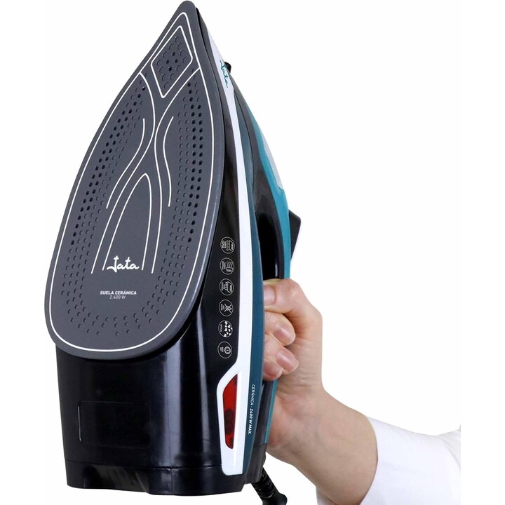 Plancha de vapor JATA JEPL1221, 2400 W. Suela de cerámica. Vapor continuo: 20-30 g/min. Chorro de vapor: 60-70 g/min. Antical. A
