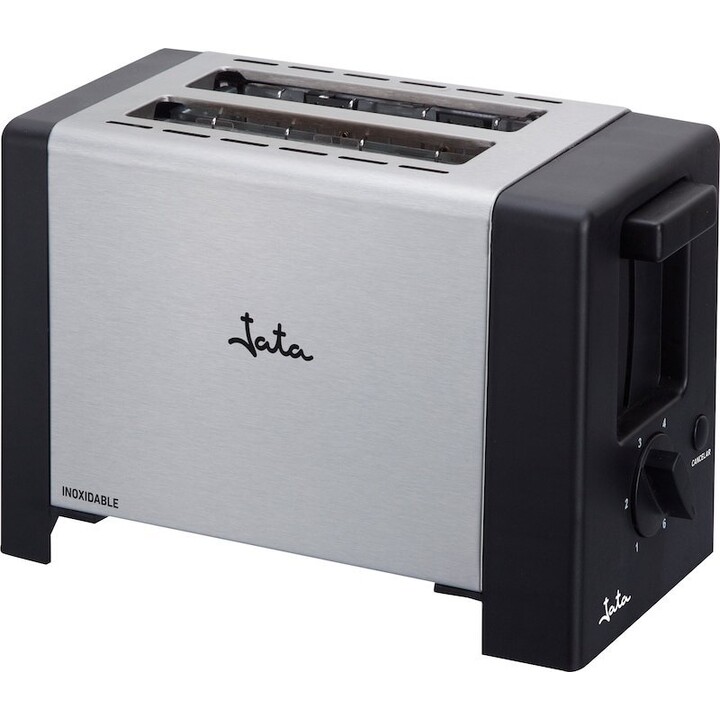 Tostadora Jata TT607 de acero inoxidable. Dos ranuras extraanchas (30 mm). Centrado automático del pan. Bandeja recogemigas.