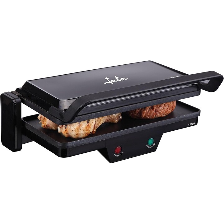 Parrilla eléctrica JATA GR266. Plancha eléctrica 3 en 1. 1000 W, placas antiadherentes mixtas de 27 x 14 cm, placa superior rect
