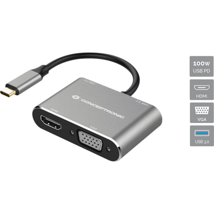 DONN16G - Station daccueil 4 en 1 USB 3.2 Gen 1, HDMI, VGA, USB-A 3.0, PD USB 100 W