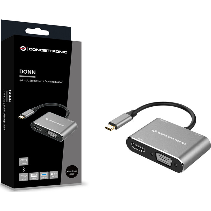 DONN16G - Station daccueil 4 en 1 USB 3.2 Gen 1, HDMI, VGA, USB-A 3.0, PD USB 100 W