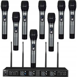 Sistema wireless DNA RV-8 con 8 microfoni alimentati a batteria.
