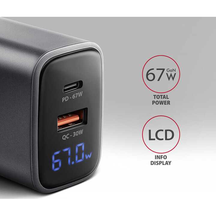CARICABATTERIE MOBILE DA PARETE USB 67W/GAN 2PORTE ACU-PQ67D AXAGON