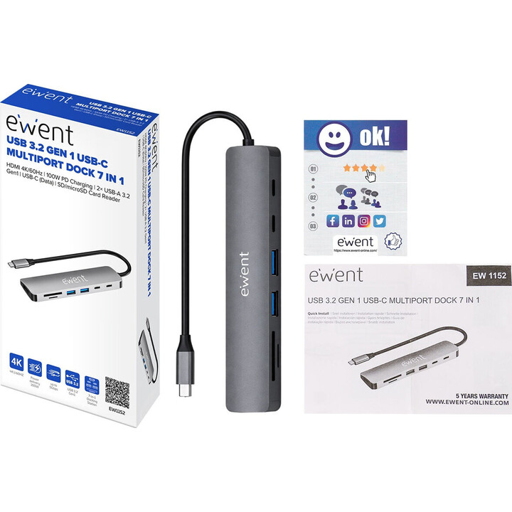 Hub ewent ew1152 usb-c 7 en 1 hdmi 4k/usb-c/2usb-a/lector tarjetas sd y mirosd