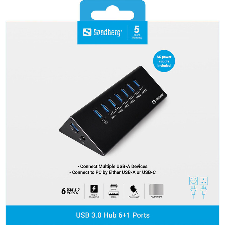 Hub USB 3.0 Sandberg 133-82 com 6+1 portas