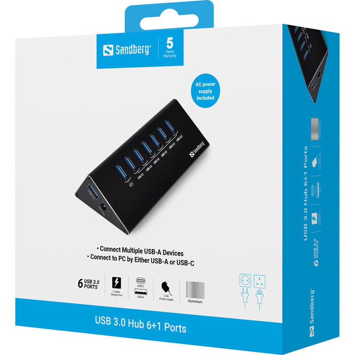 Hub USB 3.0 Sandberg 133-82 com 6+1 portas