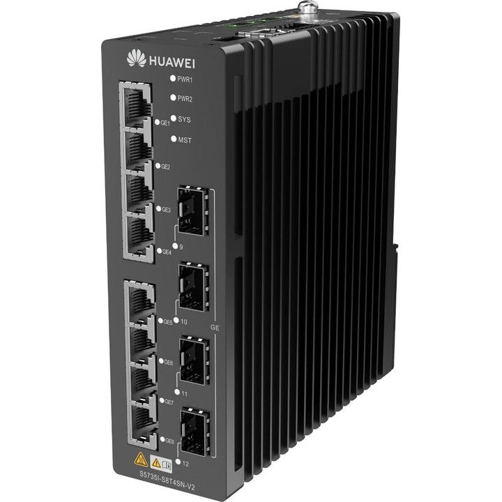 Commutateur industriel Huawei CloudEngine S5735I-S8T4SN-V2 pour rail DIN, 8 ports Gigabit Ethernet et 4 ports SFP, sans ventilat