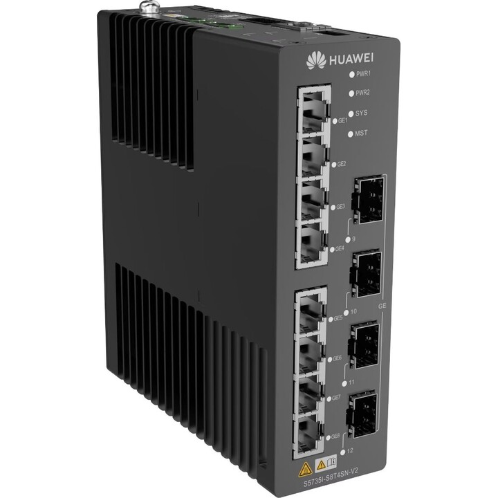 Switch industriale Huawei CloudEngine S5735I-S8T4SN-V2 su guida DIN, 8 porte GE e 4 porte SFP, senza ventola