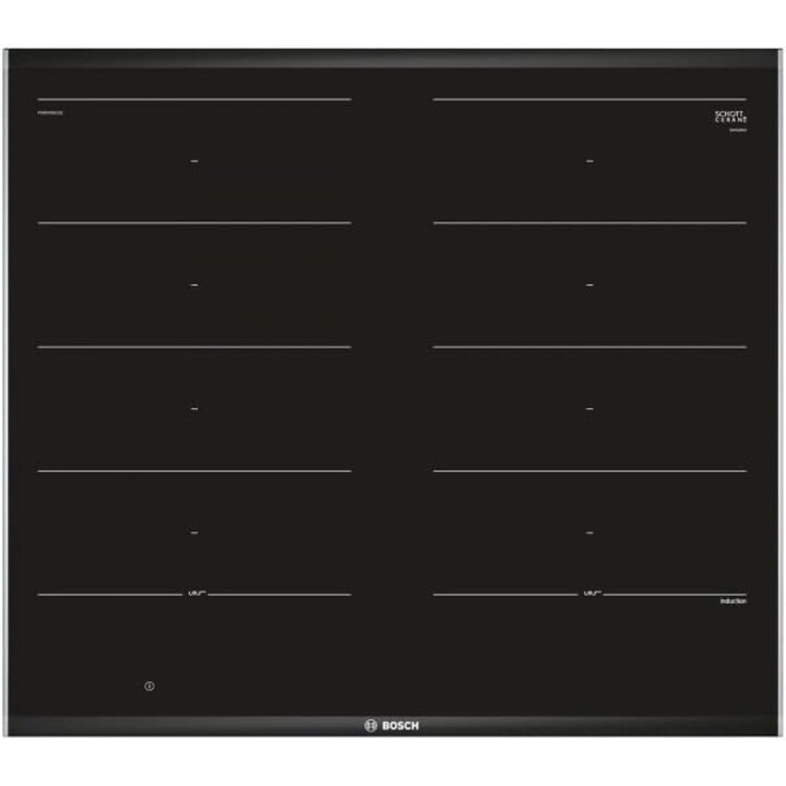 Plaque à induction Bosch PXX675DC1E, noire, en acier inoxydable, encastrable, en verre et céramique, bord avant