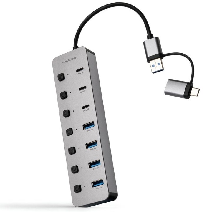 USB Hub + USB Type-C Nanocable 10.16.4510/ 4xUSB/ 3xUSB Type-C/ 1xUSB Type-C PD/ Gray