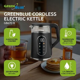 Hervidor eléctrico inalámbrico GreenBlue, capacidad de 1,7 l, depósito de agua de cristal, pantalla clara, selección de temperat