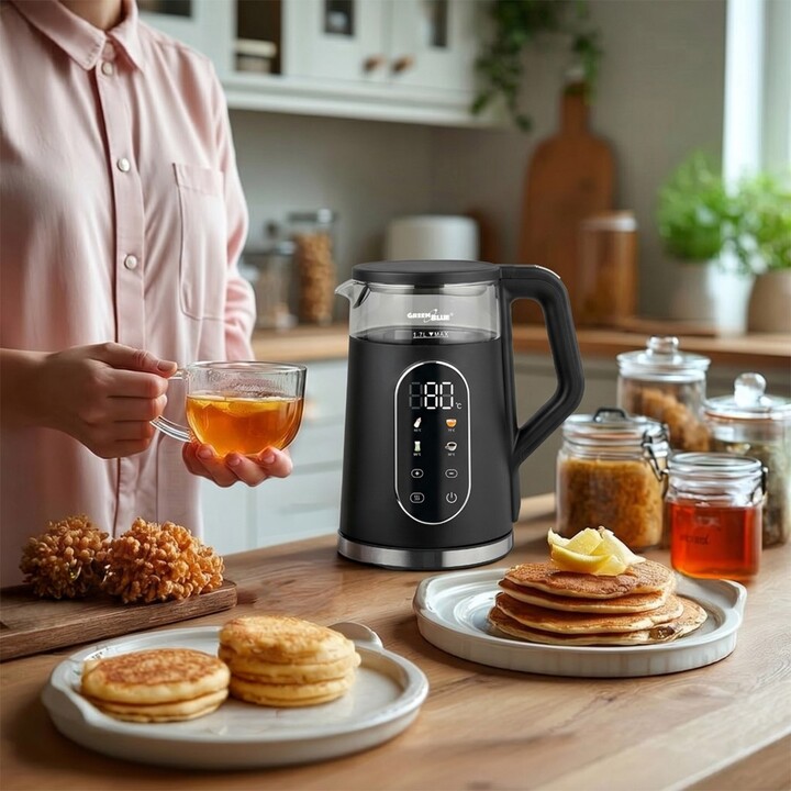 Bouilloire électrique sans fil GreenBlue, capacité 1,7 l, réservoir en verre, affichage clair, sélection de la température, 2200