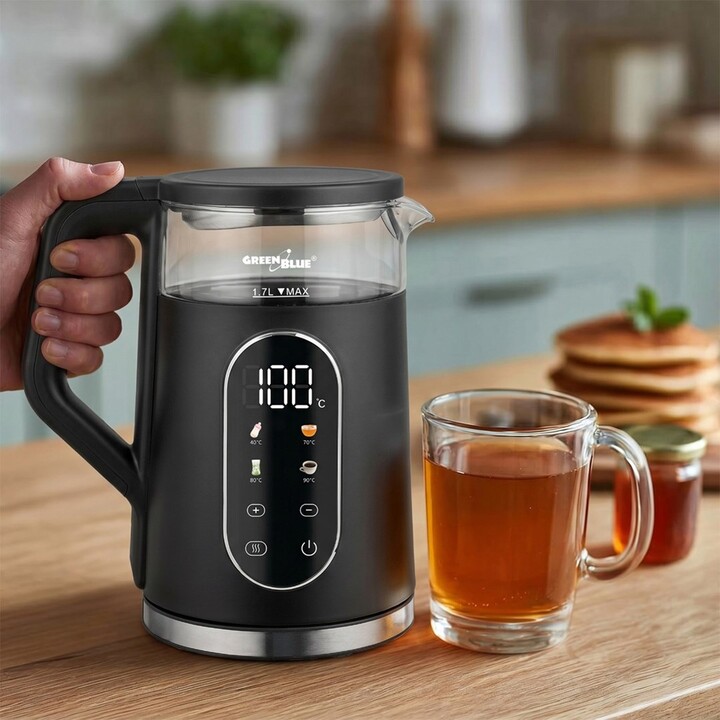 GreenBlue kabelloser Wasserkocher, 1,7 l Fassungsvermögen, Glasbehälter, gut ablesbares Display, Temperaturwahl, 2200 W, GB670 B