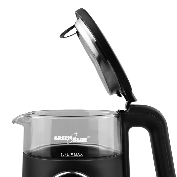 Bouilloire électrique sans fil GreenBlue, capacité 1,7 l, réservoir en verre, affichage clair, sélection de la température, 2200