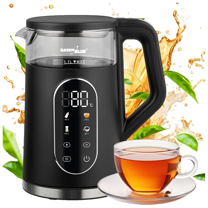 Bouilloire électrique sans fil GreenBlue, capacité 1,7 l, réservoir en verre, affichage clair, sélection de la température, 2200