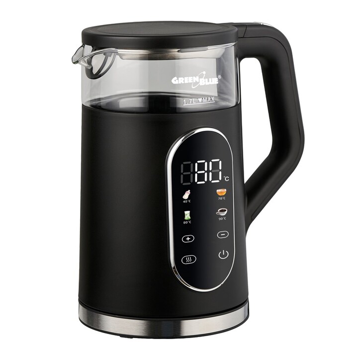 Bouilloire électrique sans fil GreenBlue, capacité 1,7 l, réservoir en verre, affichage clair, sélection de la température, 2200