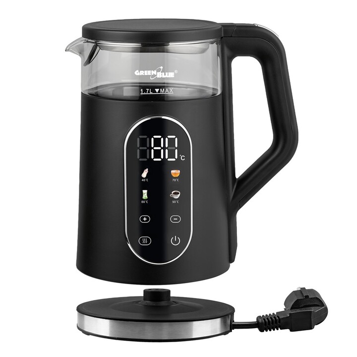 Chaleira elétrica sem fio GreenBlue, capacidade de 1,7L, reservatório de água em vidro, visor transparente, seleção de temperatu