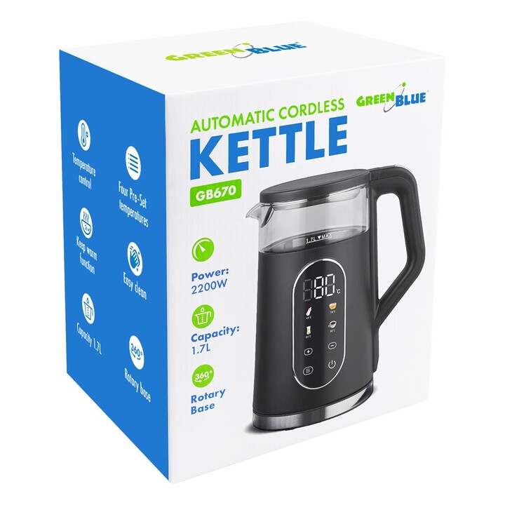 Bollitore elettrico senza fili GreenBlue, capacità 1,7 litri, serbatoio dell'acqua in vetro, display chiaro, selezione della