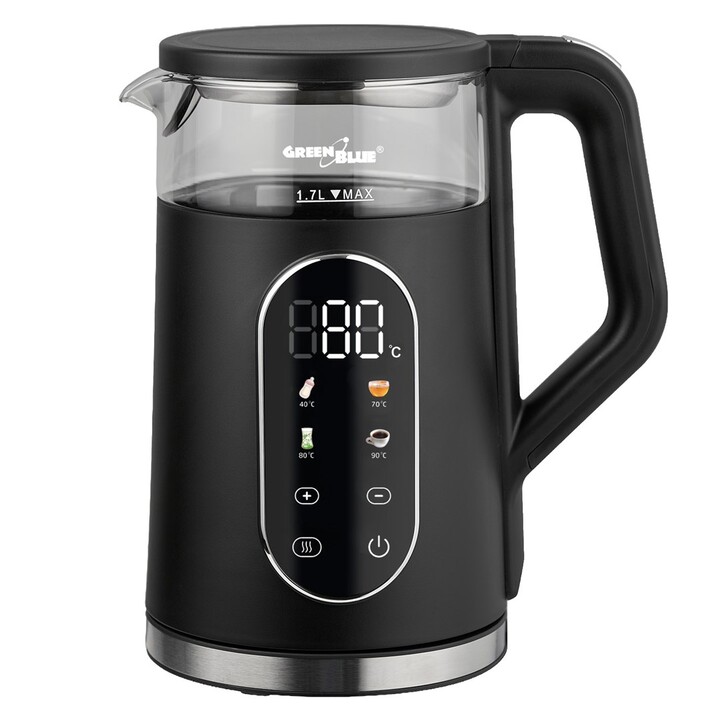 Bouilloire électrique sans fil GreenBlue, capacité 1,7 l, réservoir en verre, affichage clair, sélection de la température, 2200