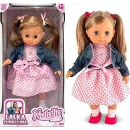 Boneca ARTYK Natalia, 39 cm, fala polaco e veste um casaco azul-marinho.