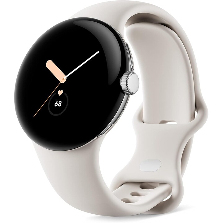 Google Pixel Watch LTE 41 mm in poliertem Silber und Sportarmband in Kreide