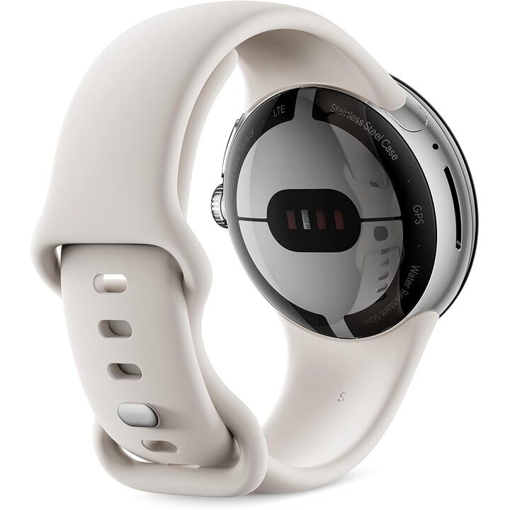 Google Pixel Watch LTE 41 mm in poliertem Silber und Sportarmband in Kreide