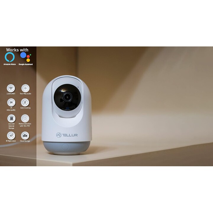 Câmera interna inteligente Tellur Smart WiFi 3MP, UltraHD, rastreamento automático, PTZ branca