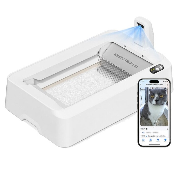 Bac à litière autonettoyant PetKit PuroBot Crystal Duo avec couvercle, contrôle par application, blanc