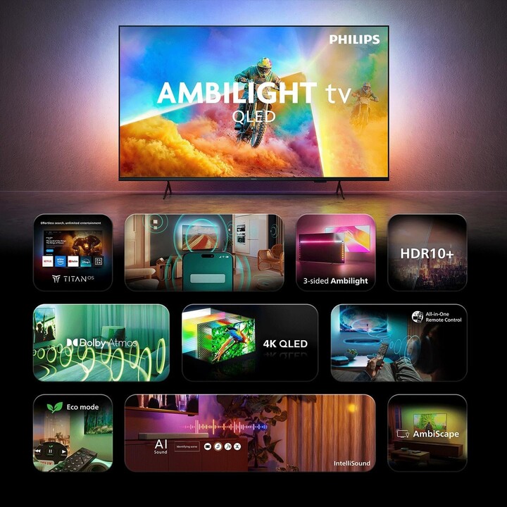 Téléviseur PHILIPS Ambilight 65PQS8501/12 65 pouces 4K QLED Smart TV | Pixel Precise Ultra HD, Titan OS, son Dolby Atmos
