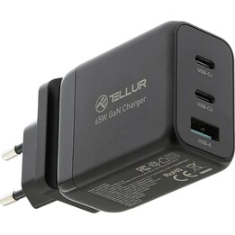 Cargador de pared Tellur GaN de 65 W con 3 puertos, 2 puertos USB-C + USB-A, compatible con UE, Reino Unido y EE. UU., color neg