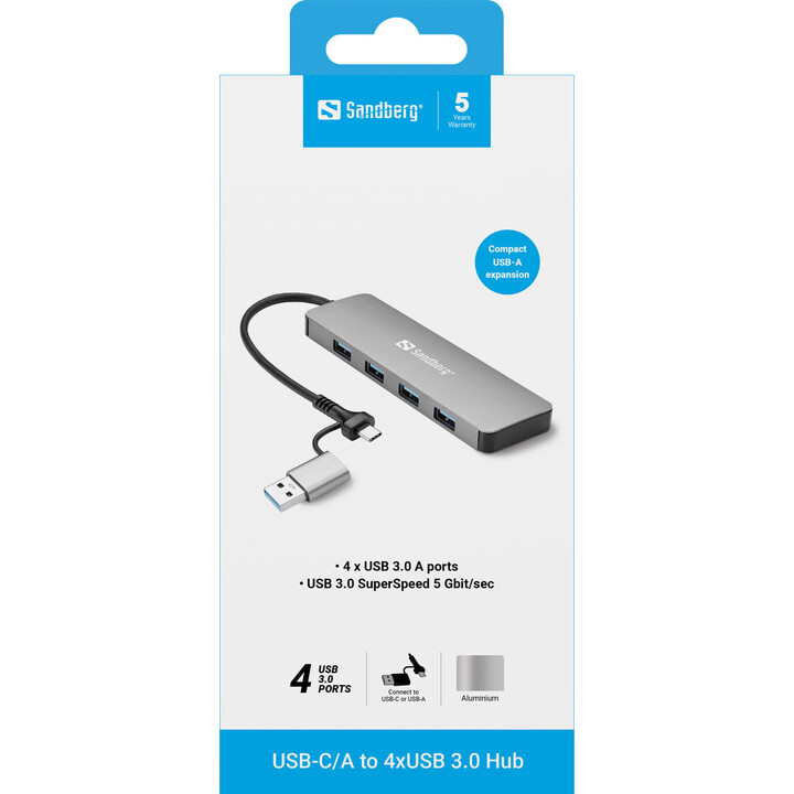 Hub Sandberg 136-63 USB-C/A a 4 puertos USB 3.0
