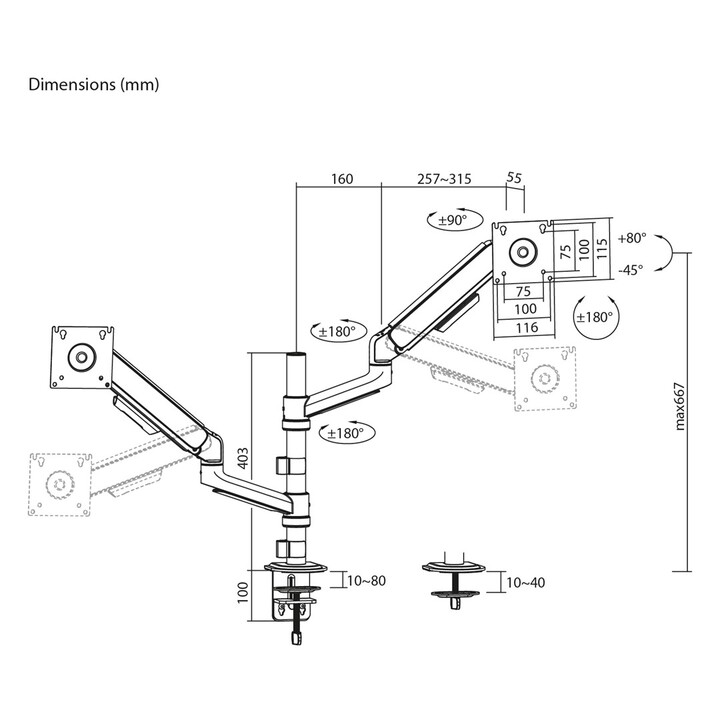 Ergo Office ER-692 W Halterung für 2 Monitore mit Gasfeder 17"-32" weiß