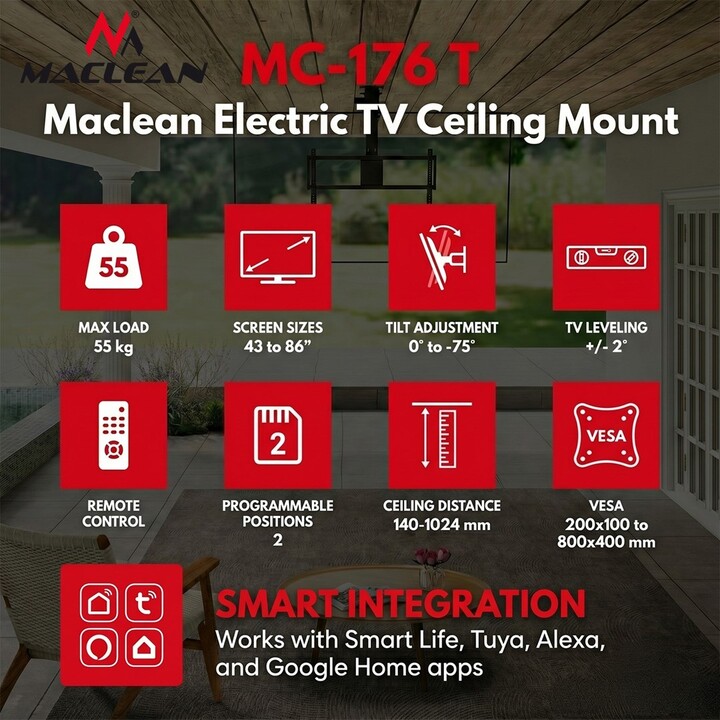 Suporte de teto elétrico Maclean para TVs, compatível com Tuya, VESA máx. 800x400, para um par de TVs de 43 a 86 polegadas.