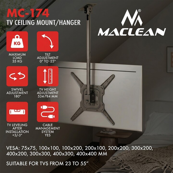 Suporte de teto para TV Maclean, capacidade máxima de carga de 35 kg, compatível com TVs de 23 a 55 polegadas, padrão VESA 400x4
